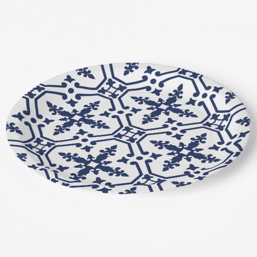 青い幾何学的な装飾用モロッコタイル ペーパープレート (アングル)