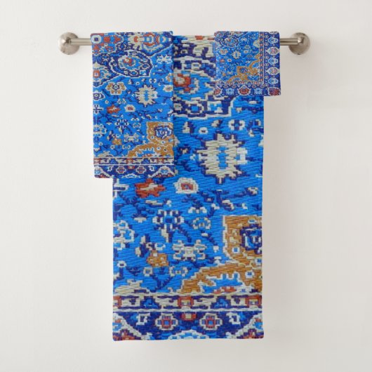 青い幾何学的アンティークペルシアのミッドセンチュリーパターン バスタオルセット (インサイチュ)