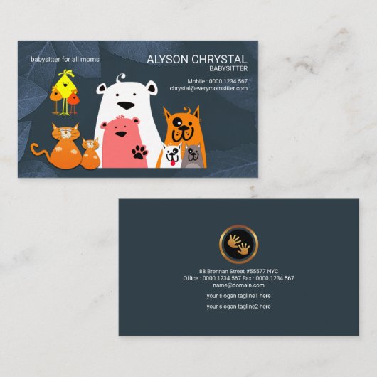 青い庭の付き添いを演じているかわいい動物家族 名刺 (正面/裏面)