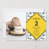 青い建設用トラックの現場写真　誕生日パーティー サンキューカード (正面)