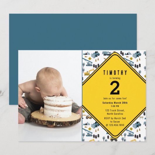 青い建設用トラックの現場写真　誕生日パーティー サンキューカード (正面/裏面)