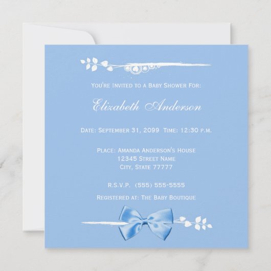 青い弓が付いているエレガントな男の子のベビーシャワーのベビーの足 招待状 (裏面)