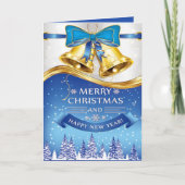 青い弓を持つ美しいゴールデンクリスマスベル シーズンカード (正面)
