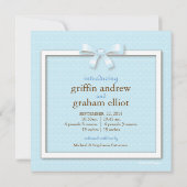 青い弓双生児の男の子のベビーの写真の誕生の発表 案内状 (裏面)