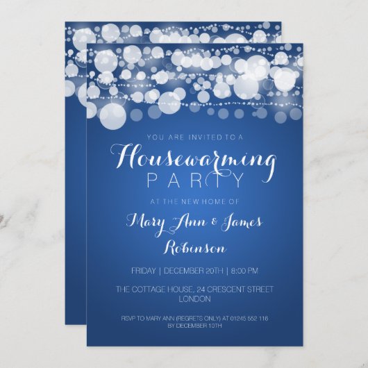 青い引っ越し祝いパーティーのパーティーのモダンな点 招待状 (正面/裏面)