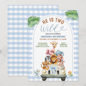 青い彼は2歳のワイルドサファリ動物の誕生日パーティー 招待状 (正面/裏面)