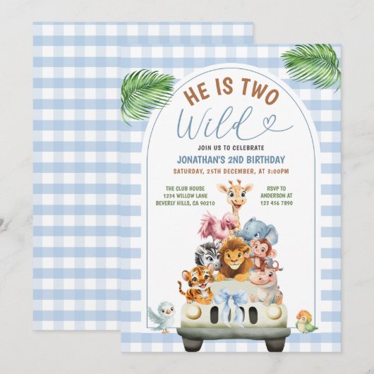 青い彼は2歳のワイルドサファリ動物の誕生日パーティー 招待状 (正面/裏面)