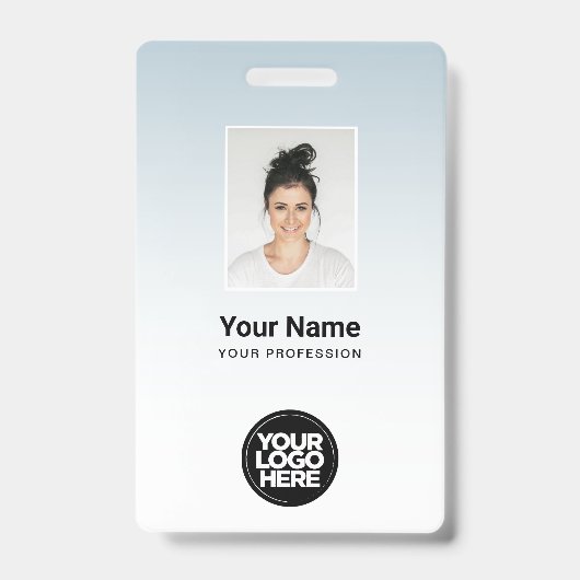 青い従業員の写真バーコードロゴ名のグラデーション バッジ (正面)