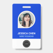 青い従業員の写真IDカード、バーコード、ロゴ、名前 バッジ (表面)