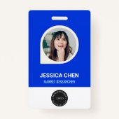 青い従業員の写真IDカード、バーコード、ロゴ、名前 バッジ (正面)