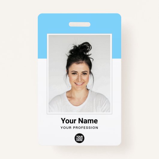 青い従業員の巨大な写真Qrバーコードロゴ名 バッジ (正面)