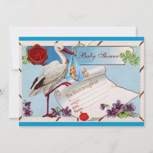 青い忘れ私の鼻、ストーク赤ちゃんシャワーのモノグラム 招待状 (正面)