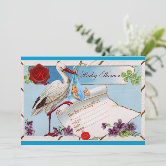 青い忘れ私の鼻、ストーク赤ちゃんシャワーのモノグラム 招待状 (スタンド正面)