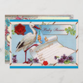 青い忘れ私の鼻、ストーク赤ちゃんシャワーのモノグラム 招待状 (正面/裏面)