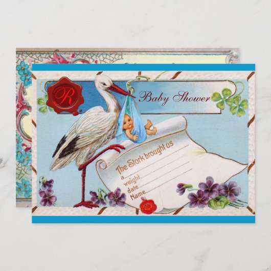 青い忘れ私の鼻、ストーク赤ちゃんシャワーのモノグラム 招待状 (正面/裏面)