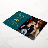 青い応援で新年の家族の写真へ 箔シーズンカード (回転した状態)