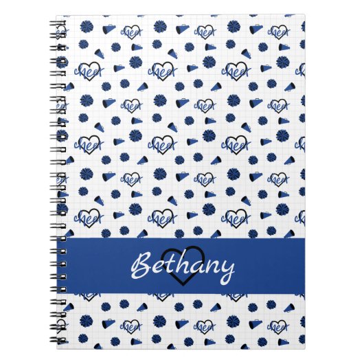 青い応援ハート、ポンポン、メガフォンパターン ノートブック (正面)