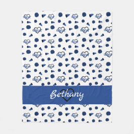 青い応援ハート、ポンポン、メガフォンパターン フリースブランケット