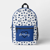 青い応援ハート、ポンポン、メガフォンパターン プリントバックパック (正面)