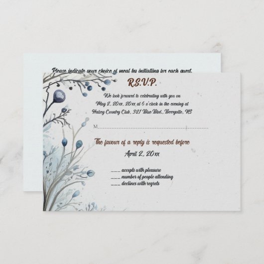 青い応答カードの編集可能な果実 出欠カード (正面/裏面)