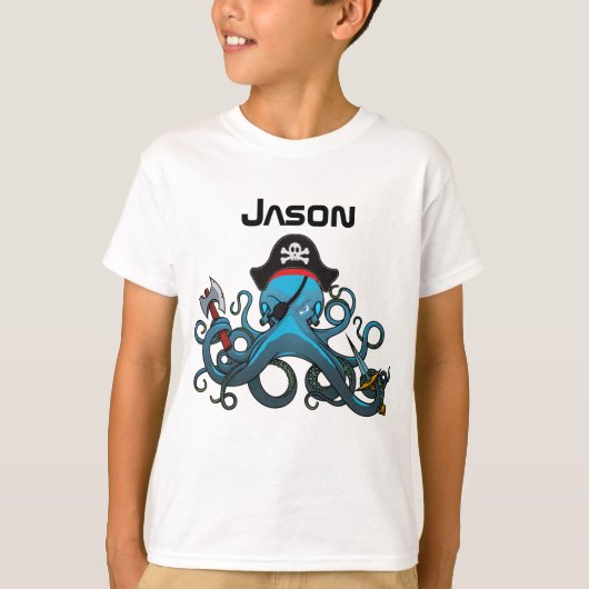 青い怒り狂ったタコの海賊 Tシャツ (正面)