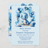 青い恐竜とバルーン男の子のシャワー 招待状 (正面/裏面)