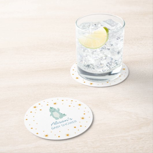 青い恐竜のトゥインクルスターベビーシャワーボーイパーティー ラウンドペーパーコースター (インサイチュ)