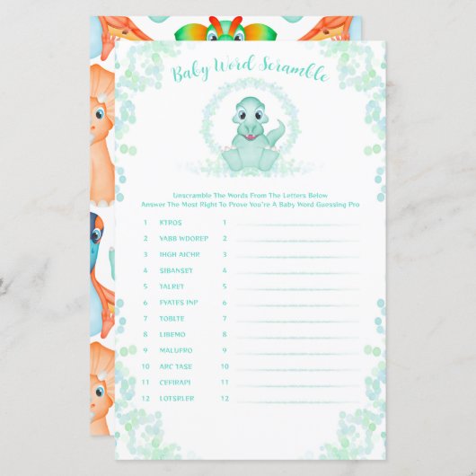 青い恐竜のベビー単語スクランブル赤ちゃんシャワーゲーム (正面/裏面)