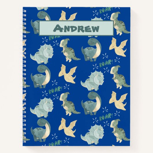 青い恐竜の模様にかわいい水彩 ノートブック (正面)