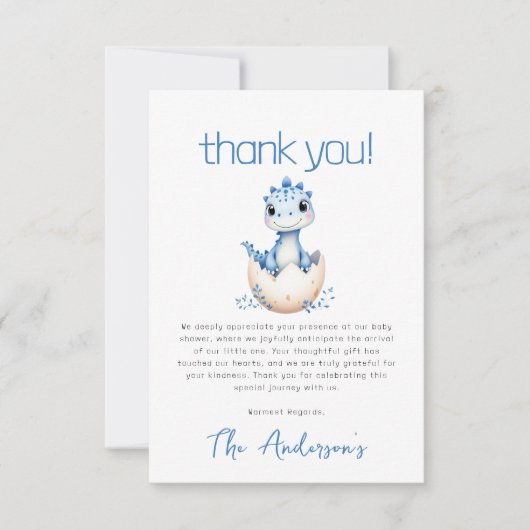青い恐竜の水彩赤ちゃんシャワー サンキューカード (正面)