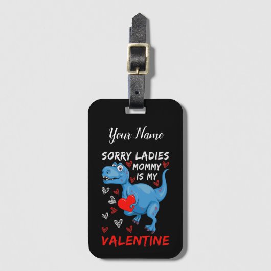 青い恐竜の申し訳ない女性ママは私のバレンタイン ラゲッジタグ (正面縦)