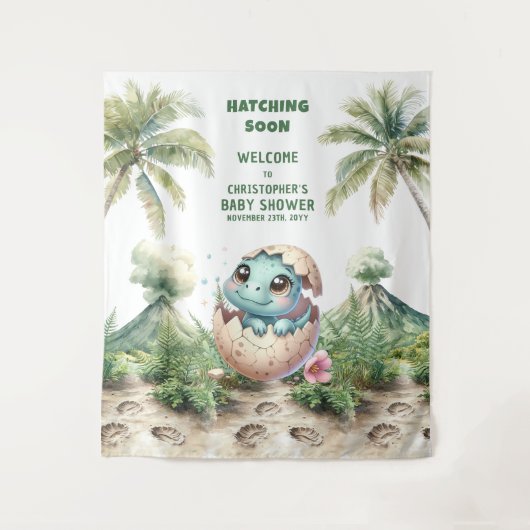 青い恐竜の赤ちゃんシャワーのバナーハッチ タペストリー (正面)