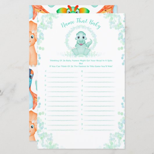 青い恐竜の赤ちゃんシャワーベビー名レースゲーム (正面/裏面)