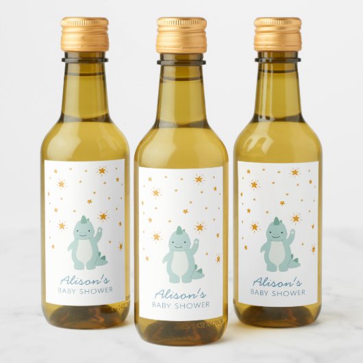 青い恐竜の輝く星の赤ちゃんシャワー男の子ミニ ワインラベル (ボトル)