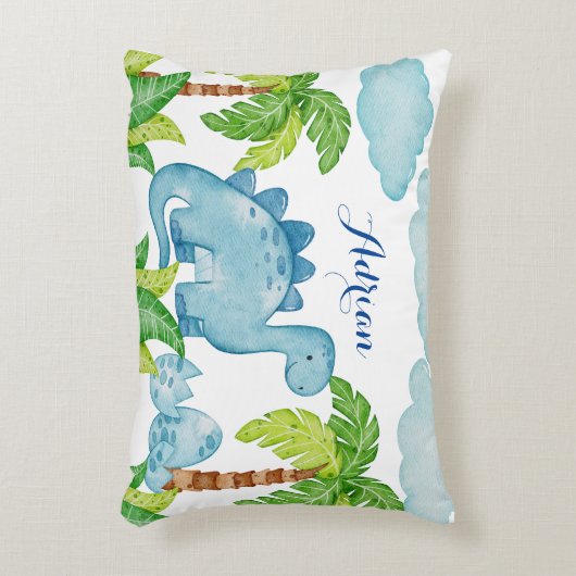 青い恐竜パーソナライズされたベビー名の枕 アクセントクッション (正面(垂直))