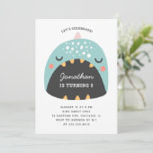 青い恐竜。キッズデおもしろいィノ。男の赤ちゃん誕生日 招待状 (スタンド正面)