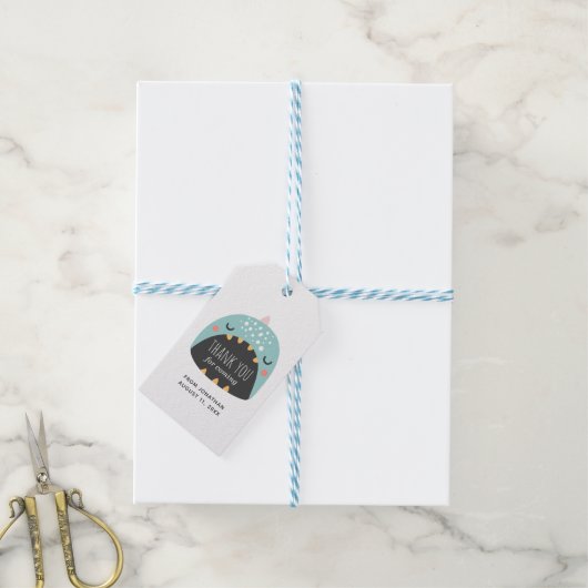 青い恐竜。男の子感謝していの誕生日。キッズパーティー ギフトタグ (より糸付き)