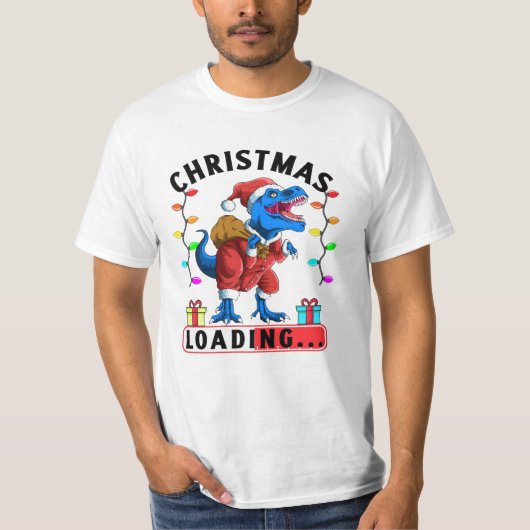 青い恐竜Tレックスのクリスマスローディング Tシャツ (正面)