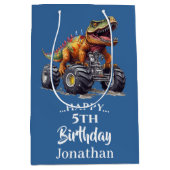 青い恐竜Tレックスモンスタートラック ミディアムペーパーバッグ (正面)