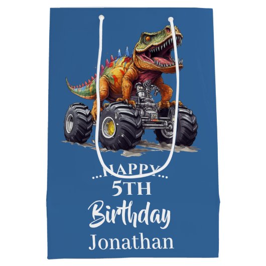 青い恐竜Tレックスモンスタートラック ミディアムペーパーバッグ (裏面)