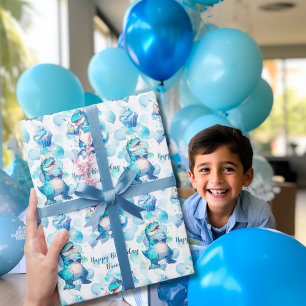 青い恐竜Tレックス子供の男の子の誕生日パーティーかわいい ラッピングペーパー