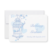 青い愛の鳥オープンケージ結婚式招待状