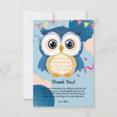 青い愛らしいウッドランドベビーフクロウ赤ちゃんシャワー サンキューカード (正面)