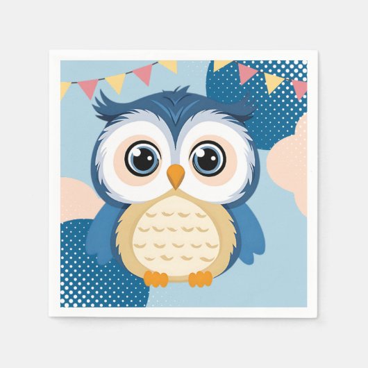 青い愛らしいウッドランドベビーフクロウ赤ちゃんシャワー スタンダードカクテルナプキン (正面)