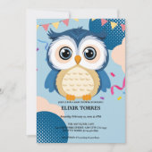 青い愛らしいウッドランドベビーフクロウ赤ちゃんシャワー 招待状 (正面)