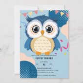青い愛らしいウッドランドベビーフクロウ赤ちゃんシャワー 招待状 (正面)