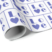 青い愛エレガントの市松模様にハートタイル模様 ラッピングペーパー (ロールコーナー)