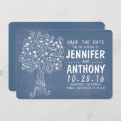 青い愛ハートの木の素朴な保存日付カード セーブザデート (正面/裏面)