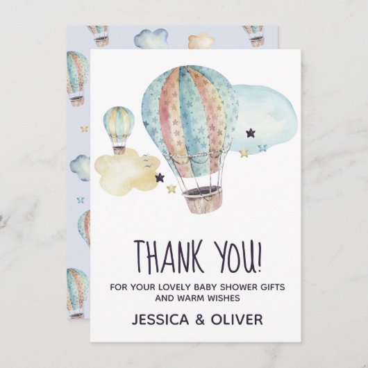 青い感謝カードの気球パーティー 招待状 (正面/裏面)