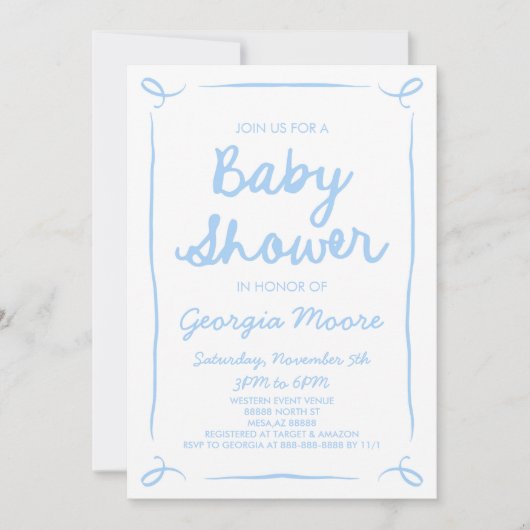 青い手お洒落引き赤ちゃんシャワー 招待状 (正面)